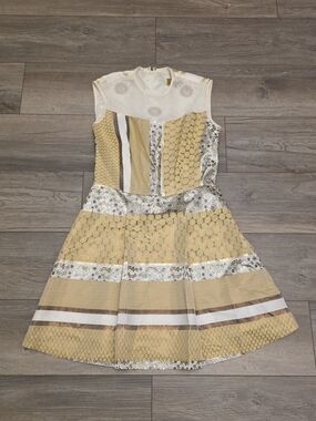Nicole Miller Yellow, White & Silver Textured Fit-and-Flare Dress
